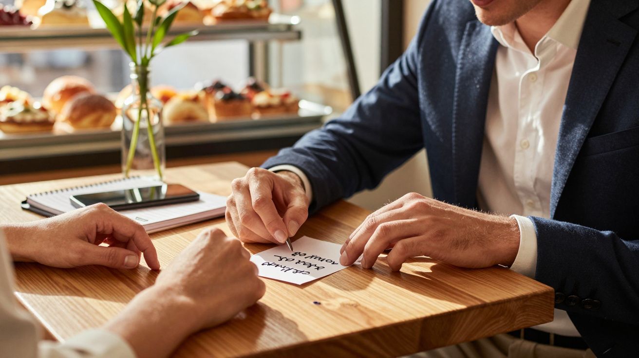 Duas pessoas com papéis sobre uma mesa de madeira num café iluminado, rodeados por cadernos e produtos de pastelaria.