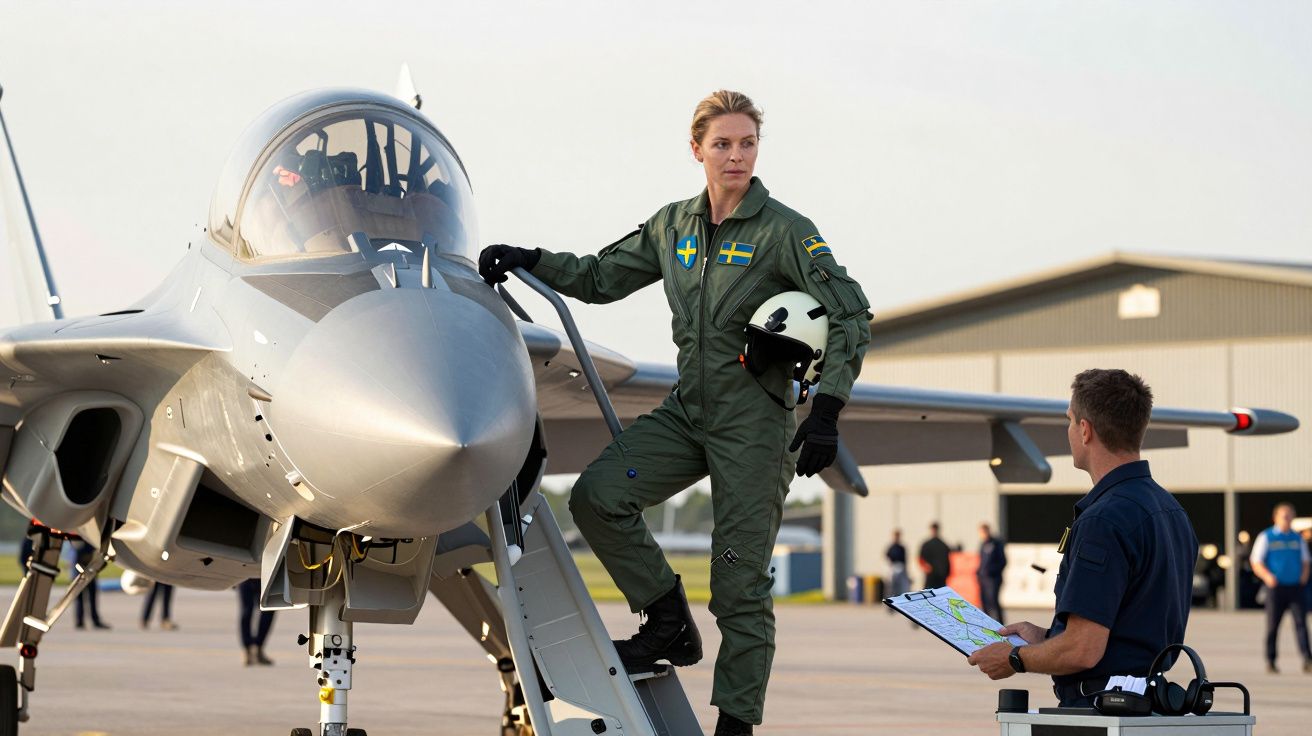 Piloto em uniforme sueco desce de um caça cinza enquanto conversa com técnico na pista.