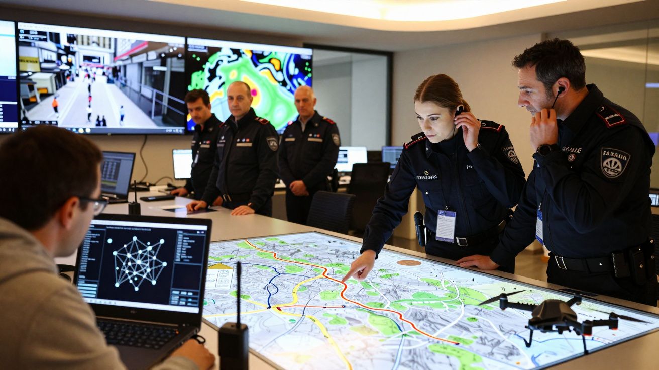 Policiais analisam mapas digitais numa sala de controlo, com vários ecrãs e um drone.