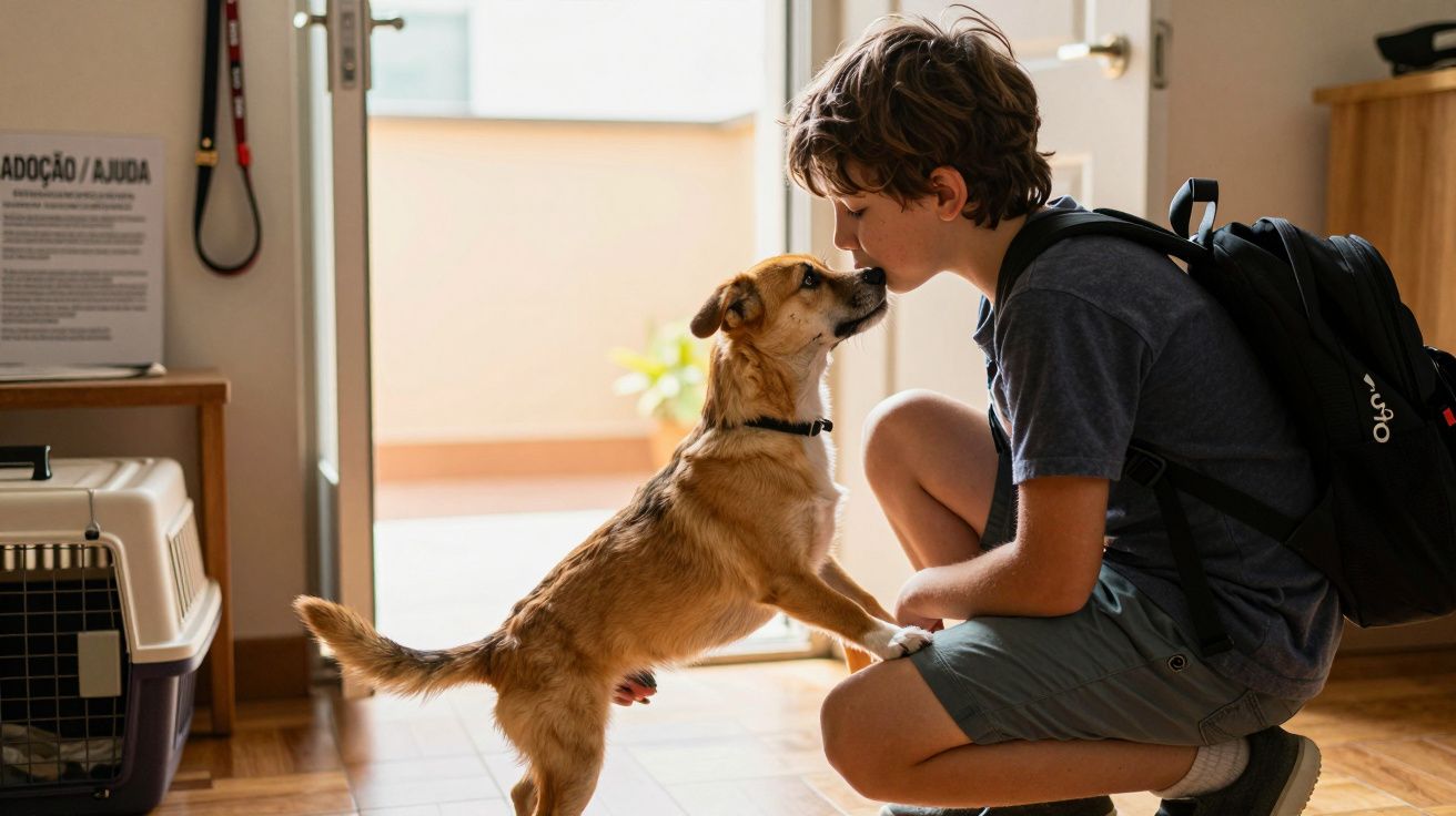 Menino com mochila ajoelhado, toca nariz com um cão pequeno junto a uma porta aberta.