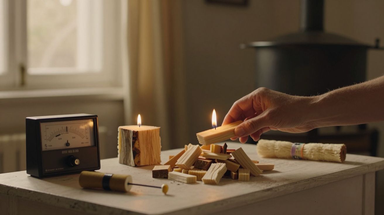 Mão acendendo vela de madeira sobre mesa com medidor, vela acesa e feixe de madeira, ao lado de fogão.