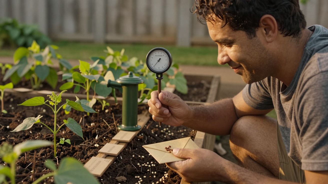 Homem a verificar a temperatura do solo num jardim, com sementeira ao lado.