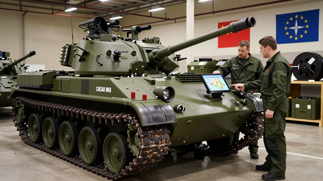 Dois homens analisam monitor num tanque verde num armazém, com bandeiras ao fundo.