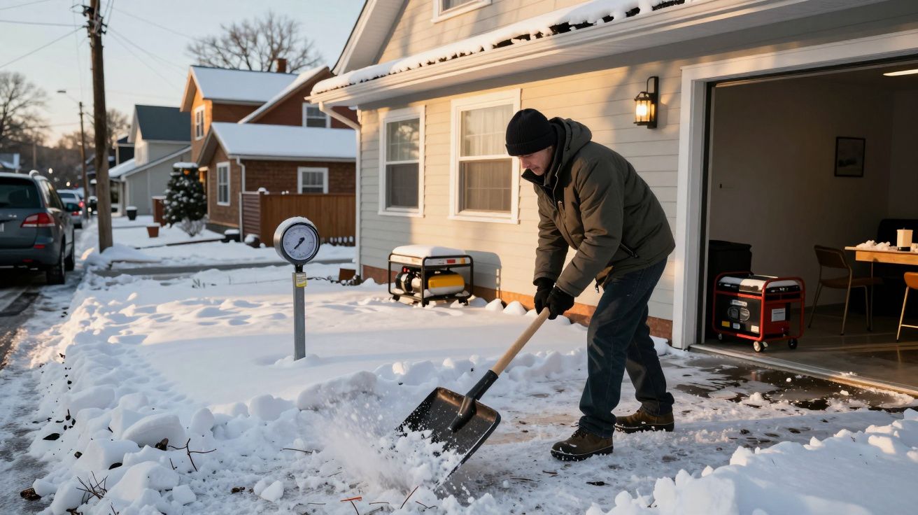 Homem a tirar neve da entrada de uma casa com uma pá num bairro residencial nevado.