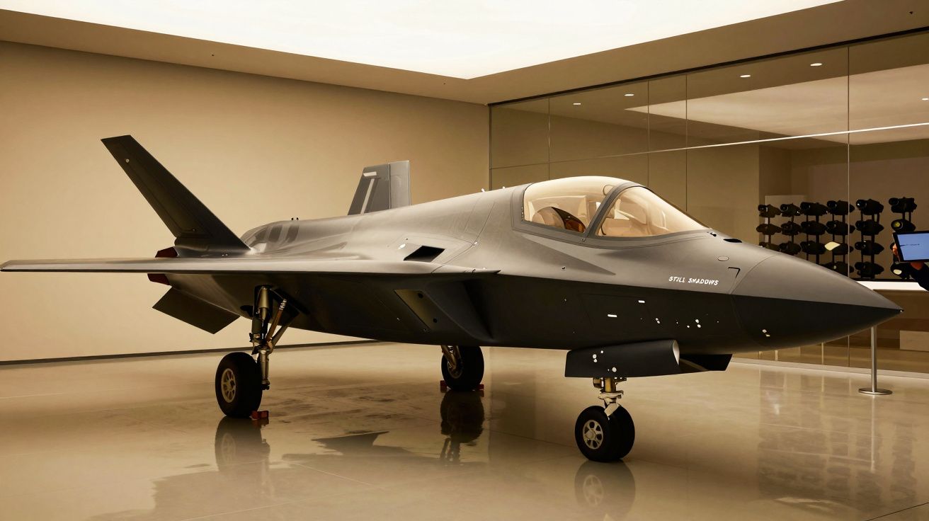 Avião de combate cinza em exibição em sala moderna, com iluminação suave e parede de vidro ao fundo.