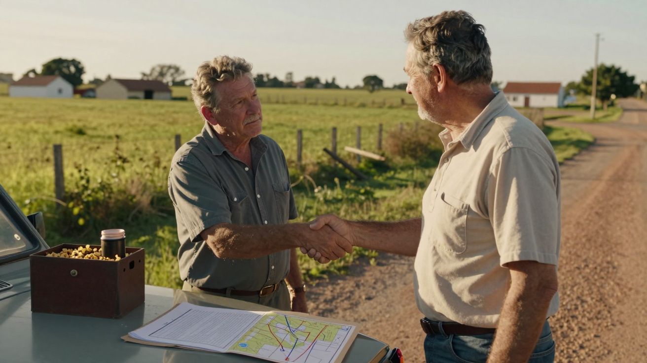 Dois homens apertam as mãos numa estrada rural, com mapa e caixa de ferramentas sobre um carro.