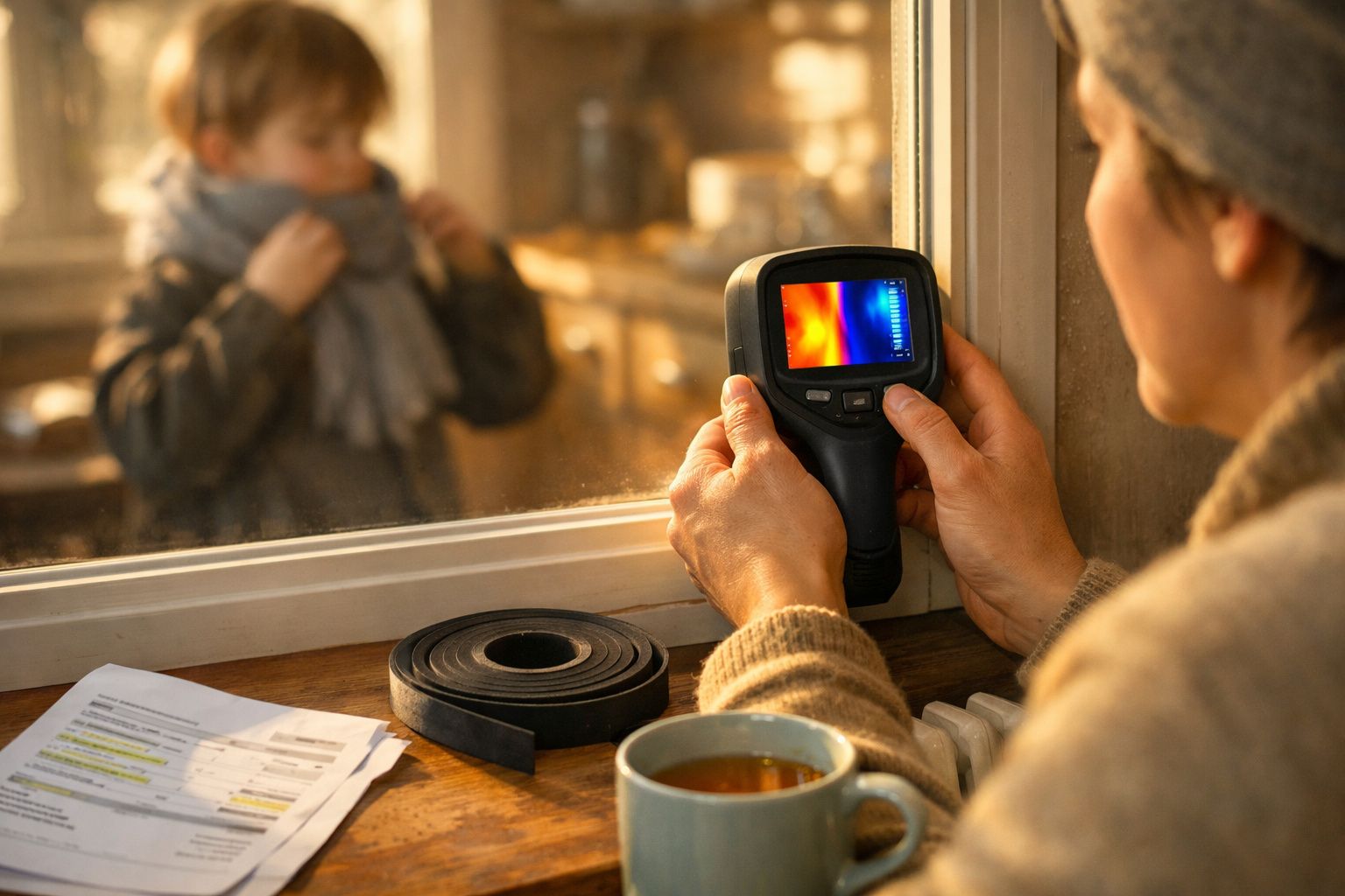 Homem segura um dispositivo quadrado com ecrã, enquanto uma criança observa atentamente numa sala iluminada.
