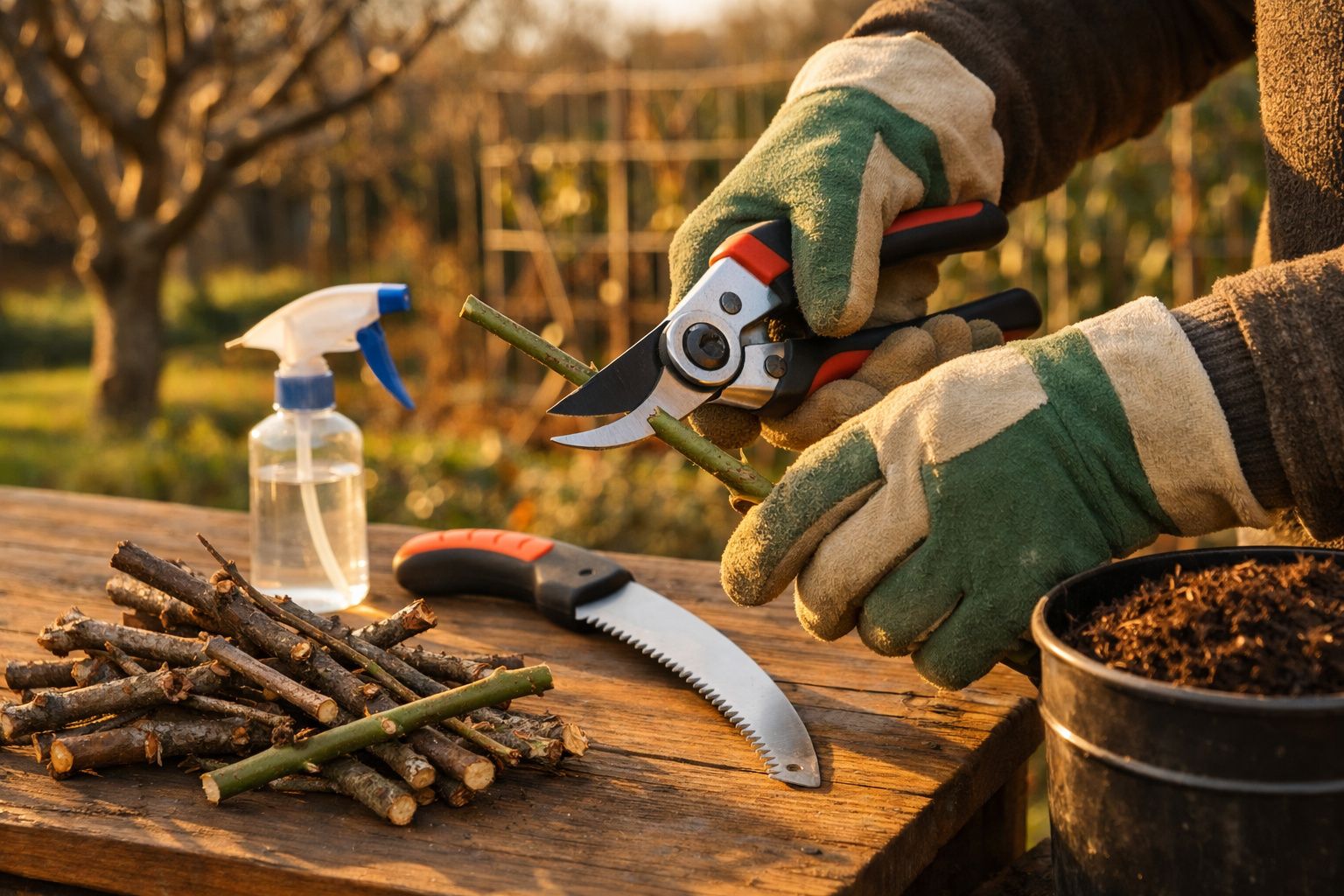 Mão com luva corta ramos com tesoura de poda, cercada por materiais de jardinagem em solo ao ar livre.
