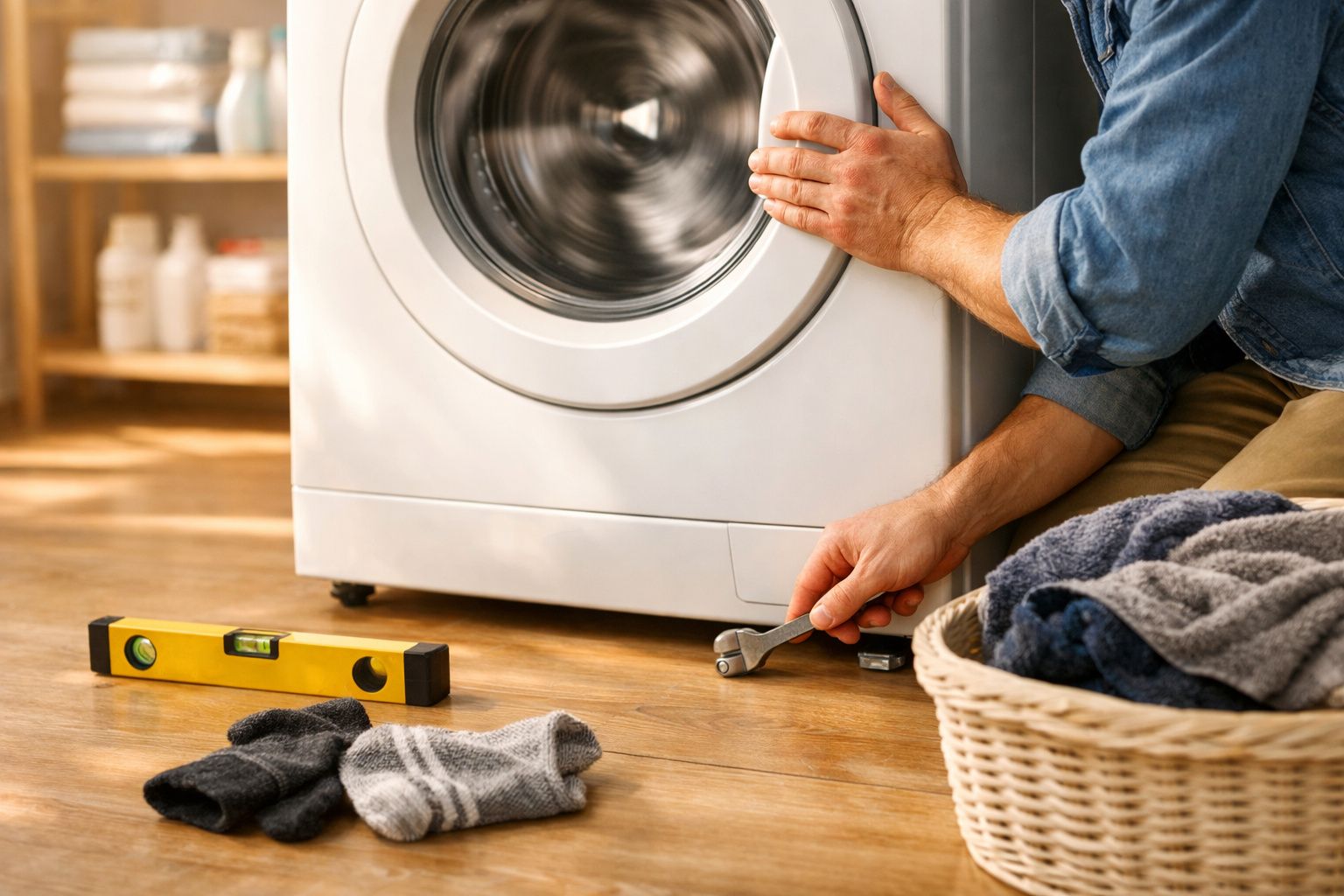 Mulher ajusta máquina de lavar roupa com nível de bolha na parte superior, num chão de madeira, com ferramentas ao lado.