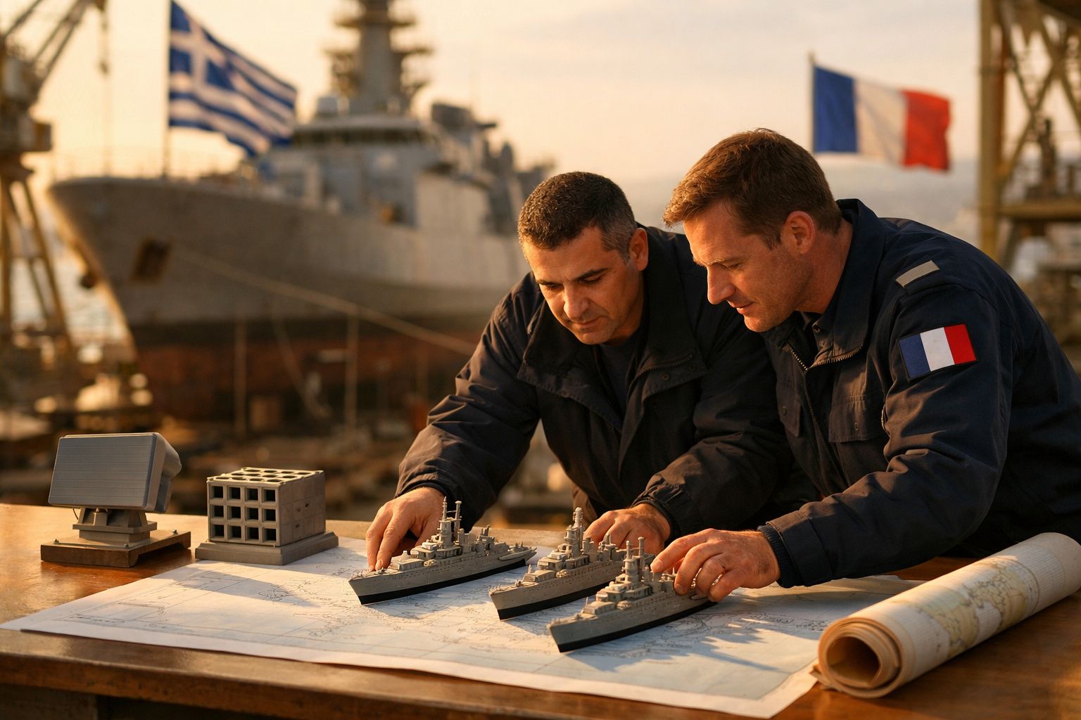 Dois homens em uniforme naval analisam modelos de navios sobre um mapa com bandeiras ao fundo.