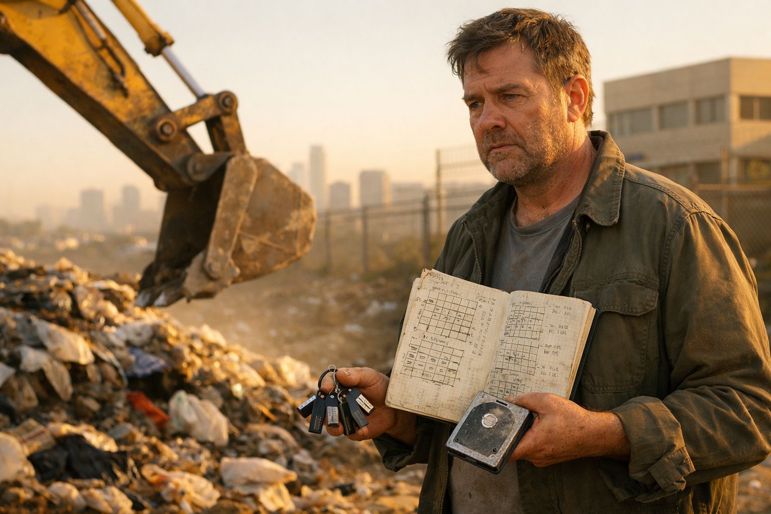 Homem segurando caderno e chaves num terreno baldío, com escavadora ao fundo e prédios ao longe.
