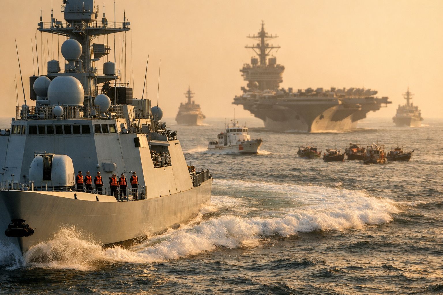 Navios militares navegando em formação no mar, com porta-aviões e embarcações menores ao fundo, ao pôr do sol.