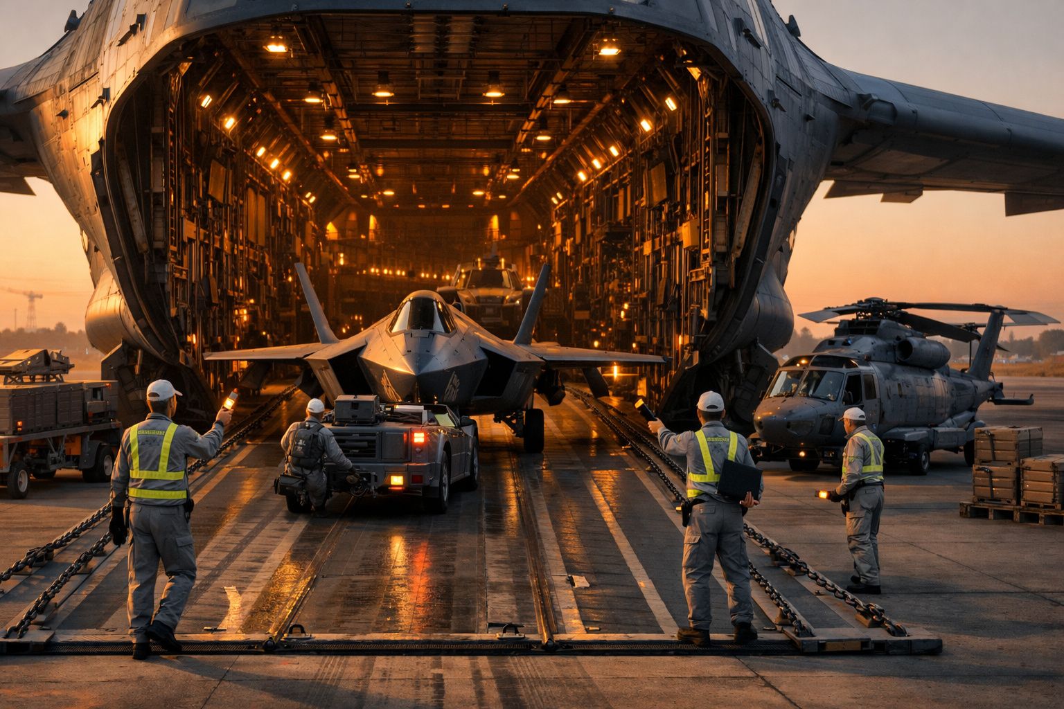 Avião militar sendo carregado em avião de carga gigante, com pessoal em coletes refletores orientando a operação.