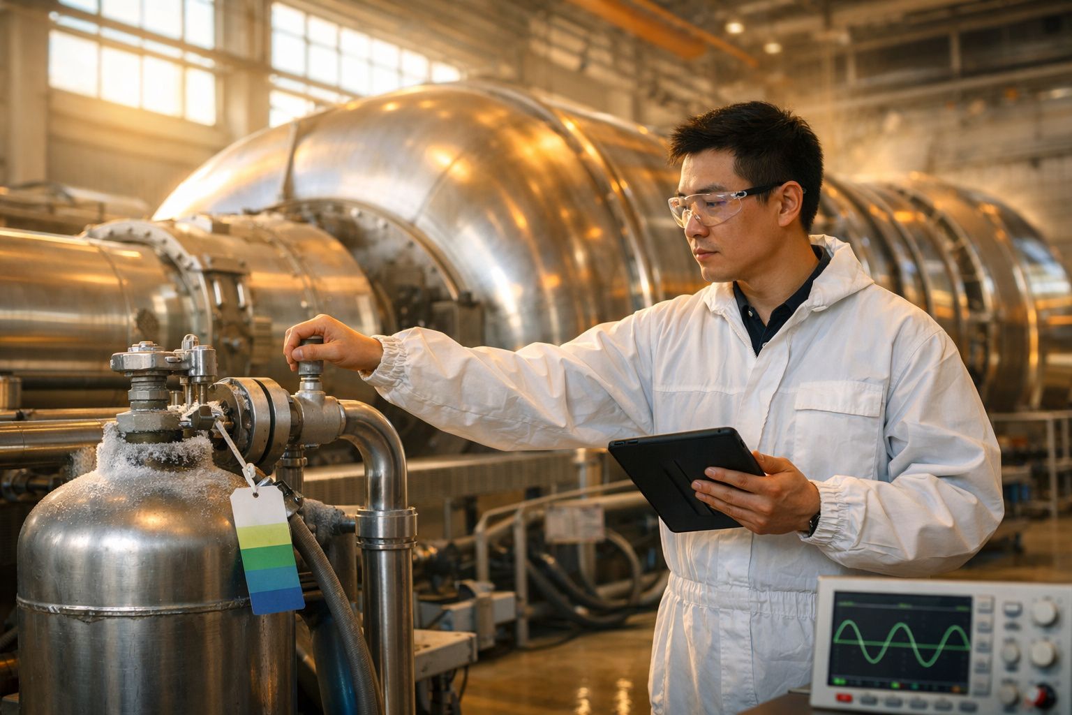 Homem em fábrica, vestido com fato de proteção branco e óculos, segura um tablet enquanto inspeciona um equipamento industria