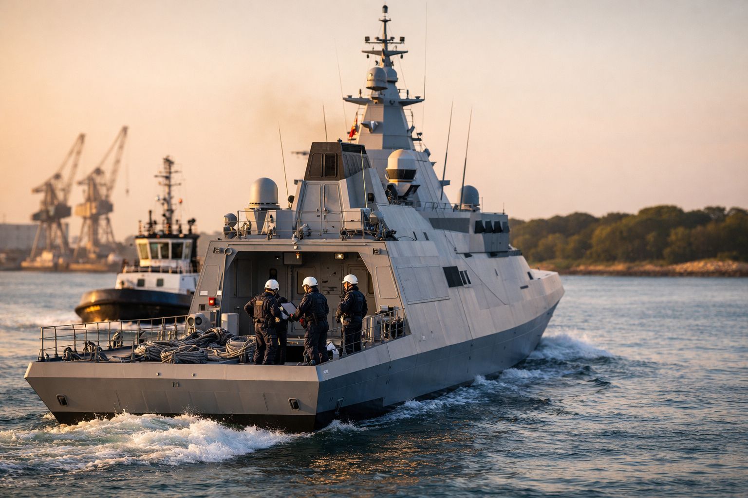 Navio de guerra navegando próximo a estaleiro com guindastes, capacete amarelo no cais e pessoa segurando tablet.