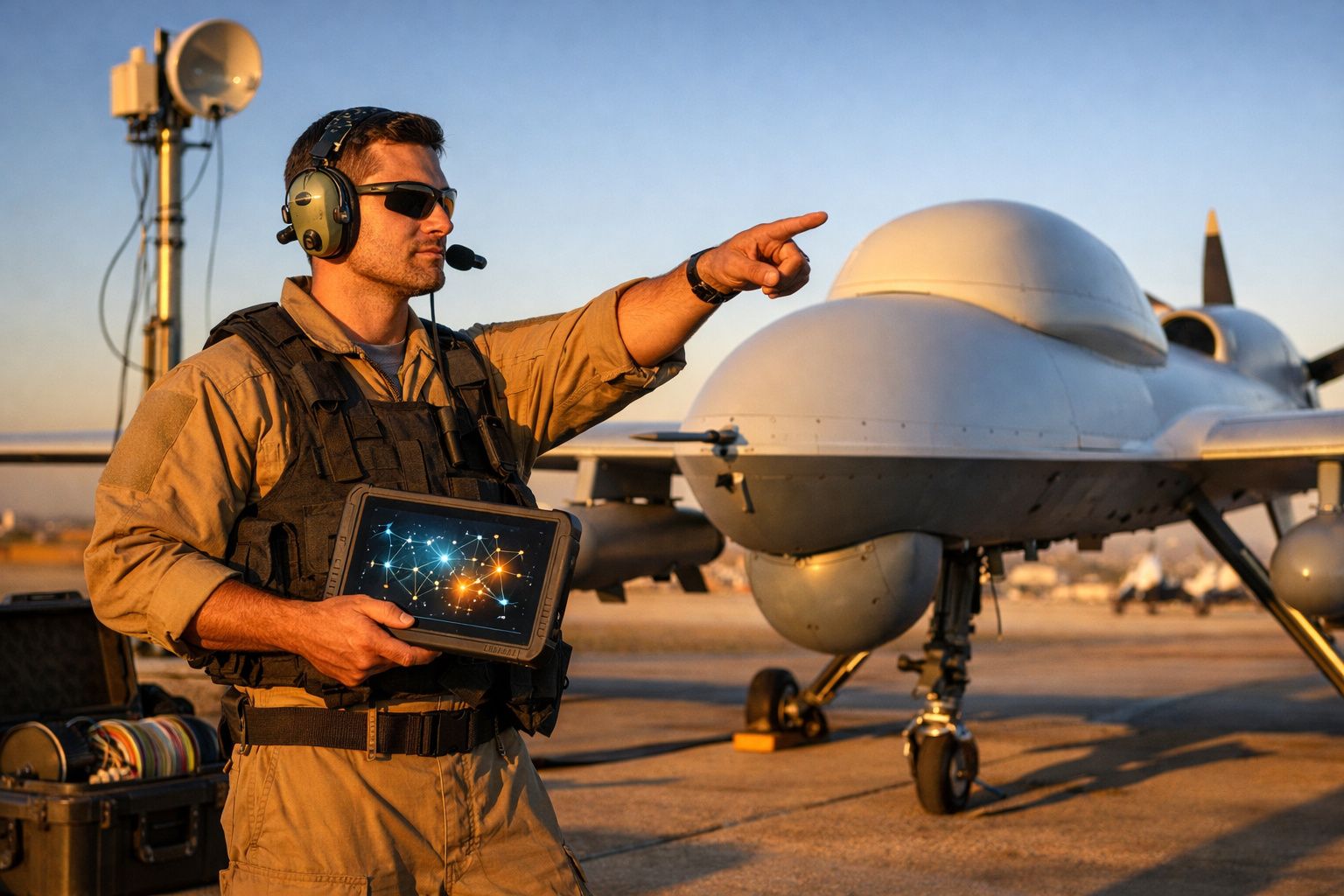 Homem com fones e tablet aponta ao lado de um drone no solo, ao pôr do sol.