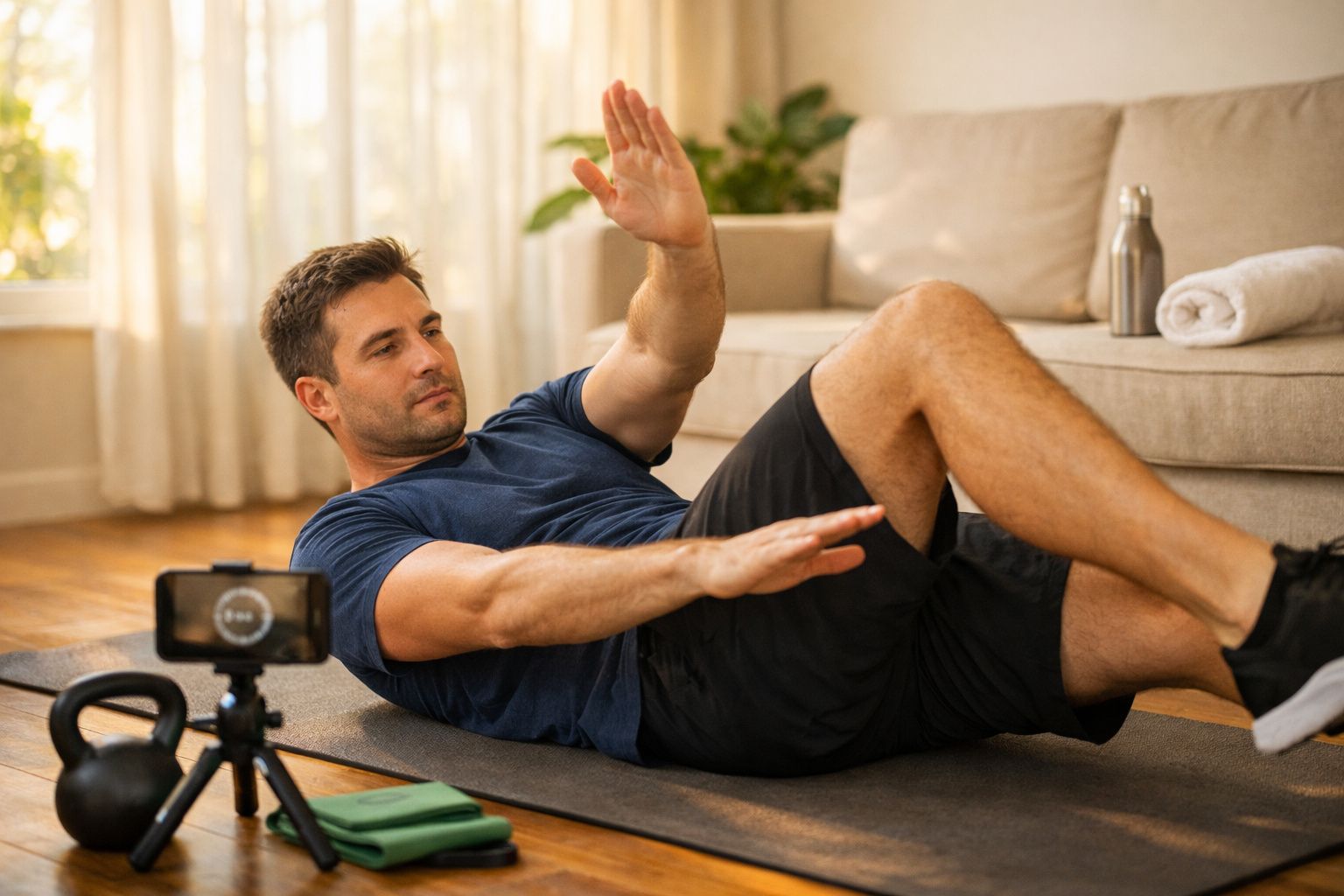 Homem a fazer exercício abdominal no chão da sala, com vídeo a ser gravado e equipamentos de fitness ao redor.