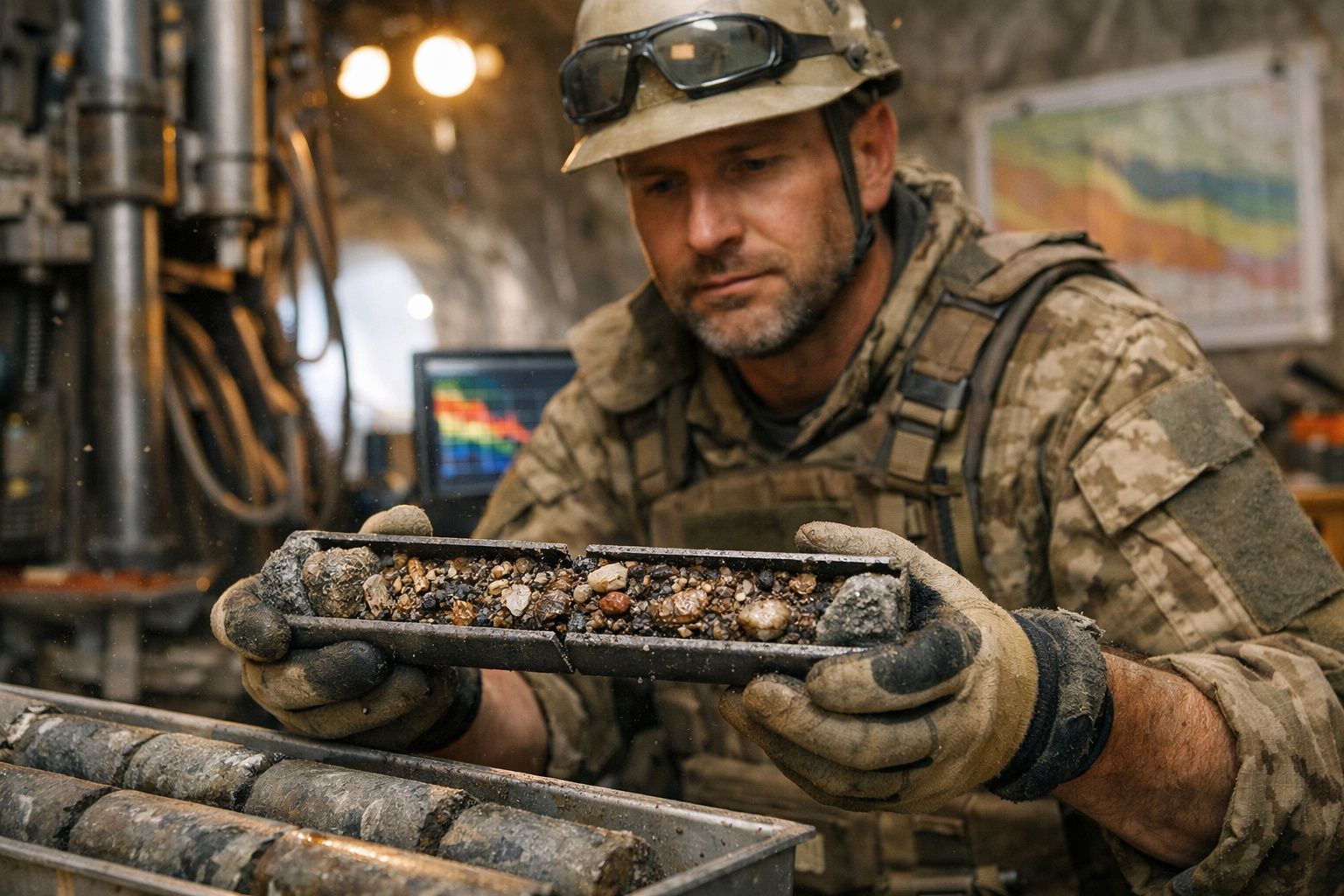 Dois arqueólogos examinam amostra de solo cilíndrica em tenda de exploração.