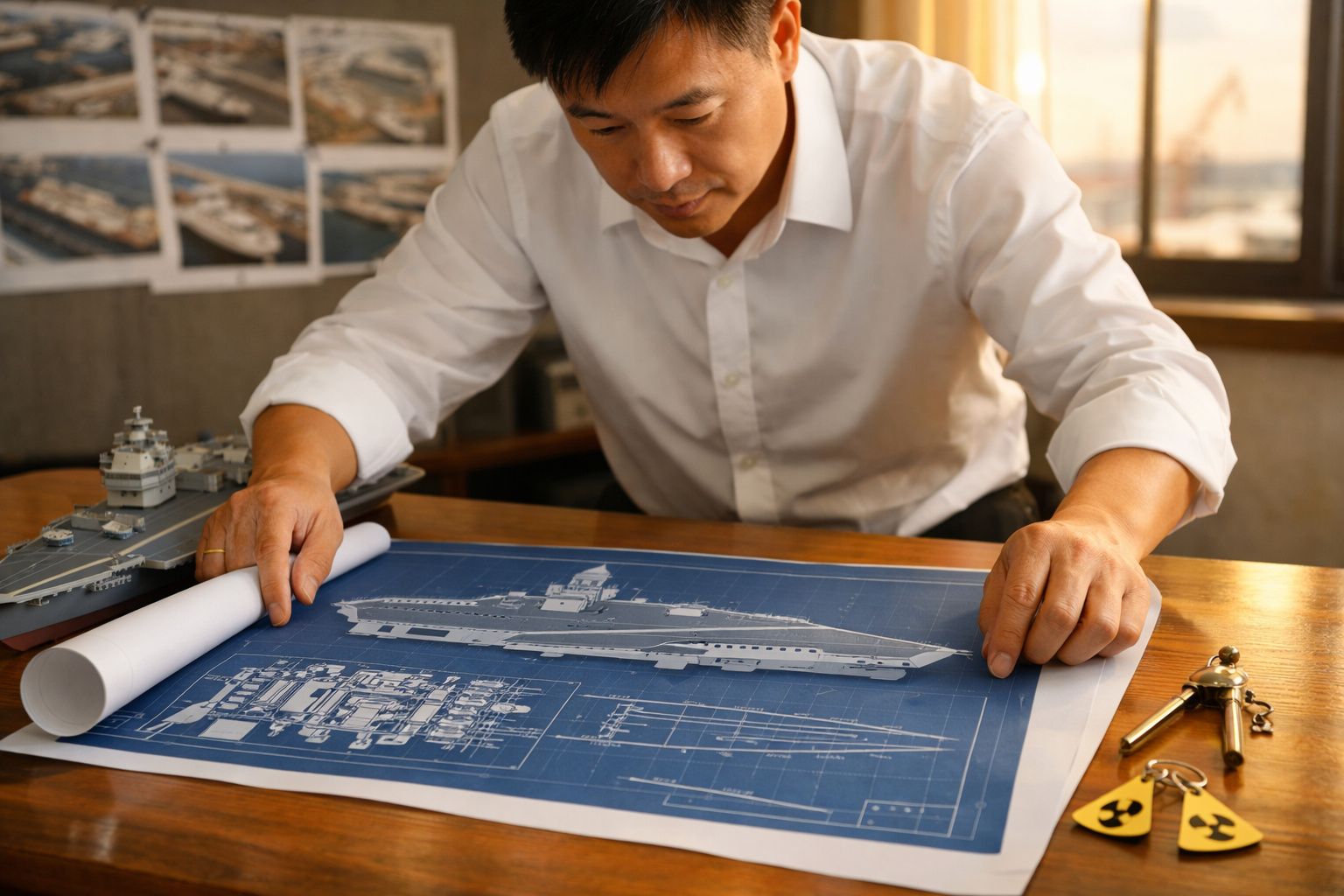 Homem analisa plantas de navio porta-aviões em mesa com maquete e instrumento de desenho ao lado.