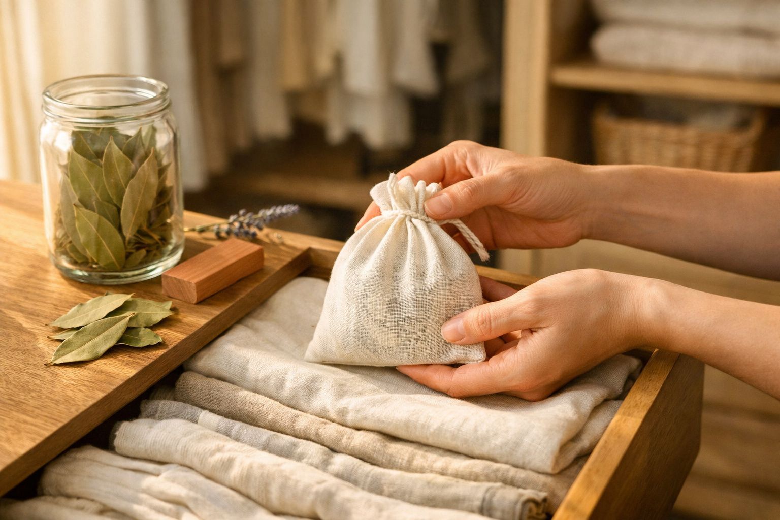 Mãos colocam saco de ervas sobre toalhas brancas em gaveta de madeira, com folhas de louro ao lado.