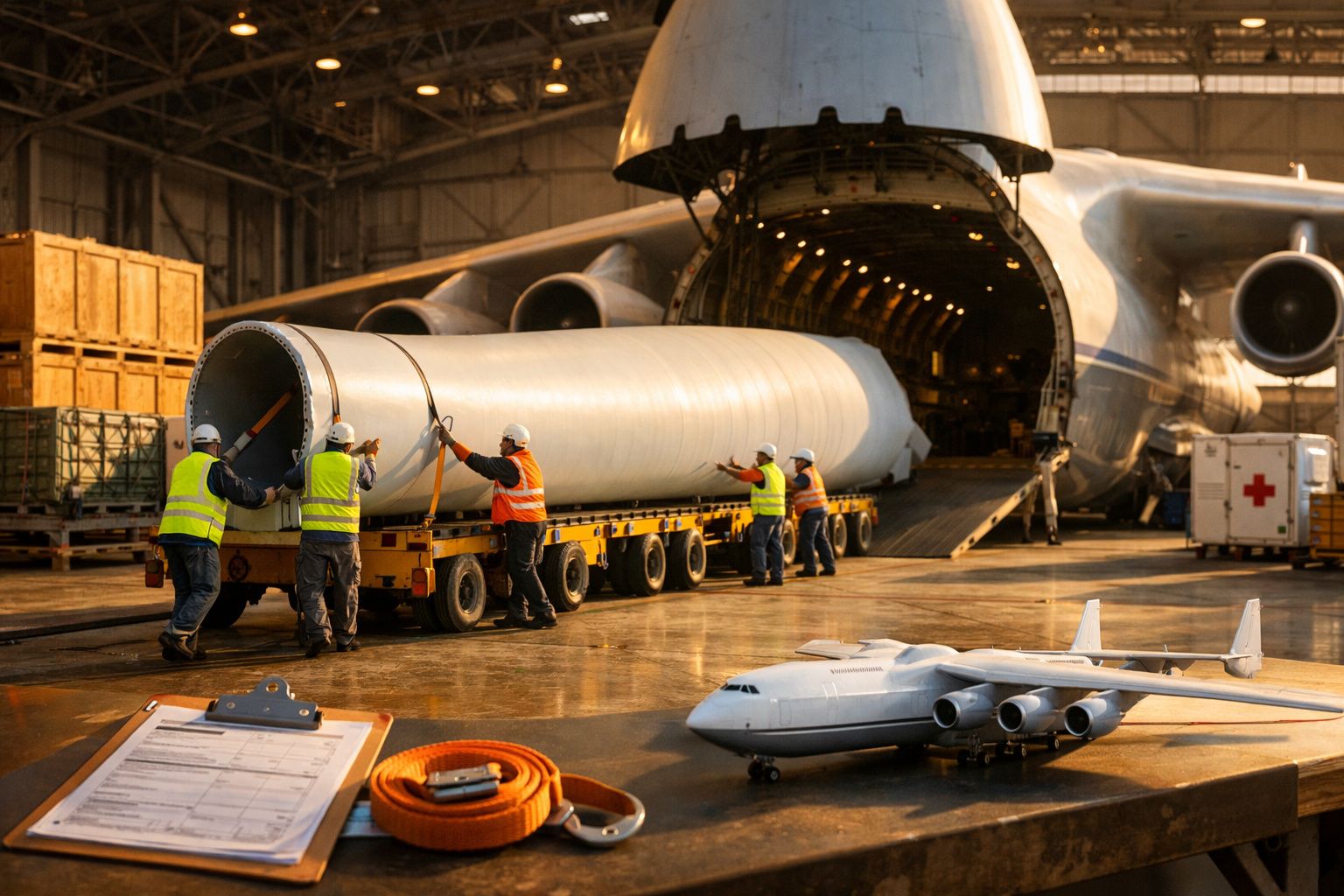 Trabalhadores carregam carga cilíndrica em avião de carga gigante num hangar. Maquete de avião em primeiro plano.