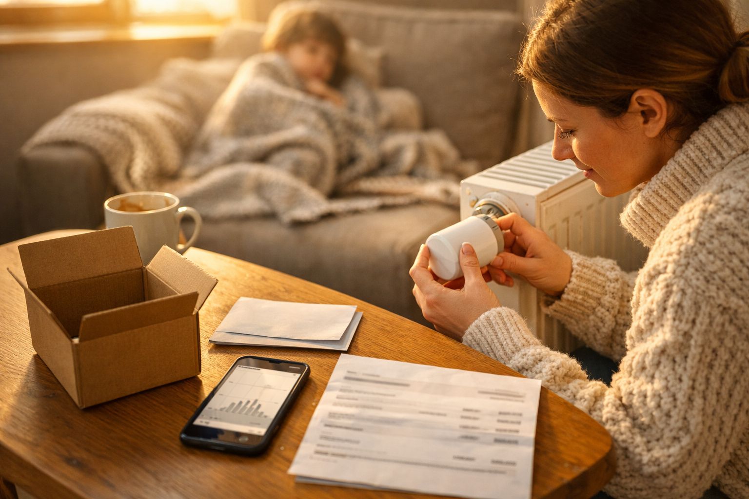 Pessoa ajustando termostato junto a aquecedor, criança a brincar no fundo, chávena e calculadora na mesa.