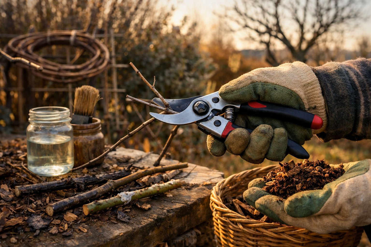 Jardineiro usando tesoura de poda para cortar ramos sobre uma mesa de madeira com ferramentas e spray.