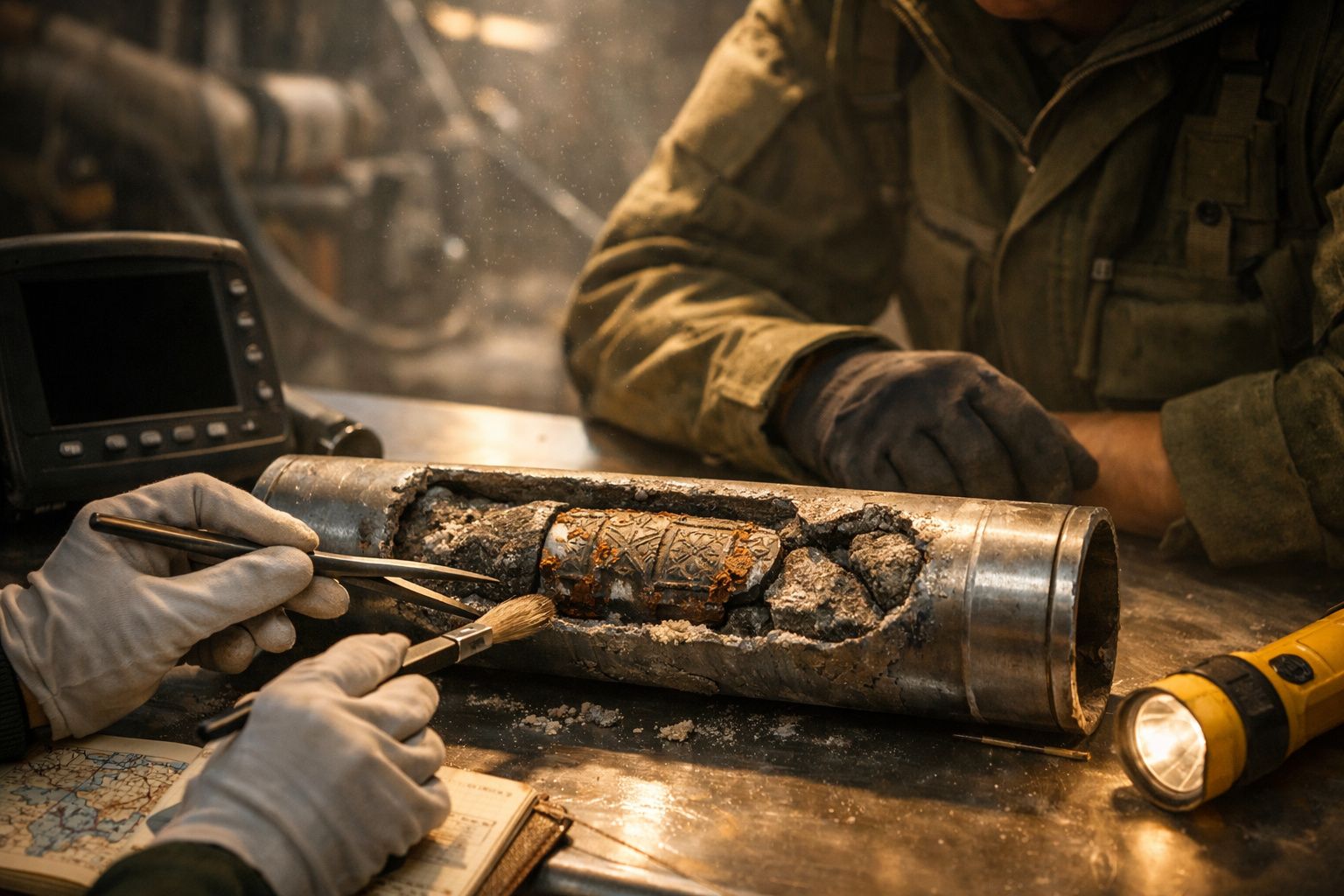 Dois exploradores encontram um artefacto verde brilhante numa amostra de solo, expressando surpresa e fascínio.
