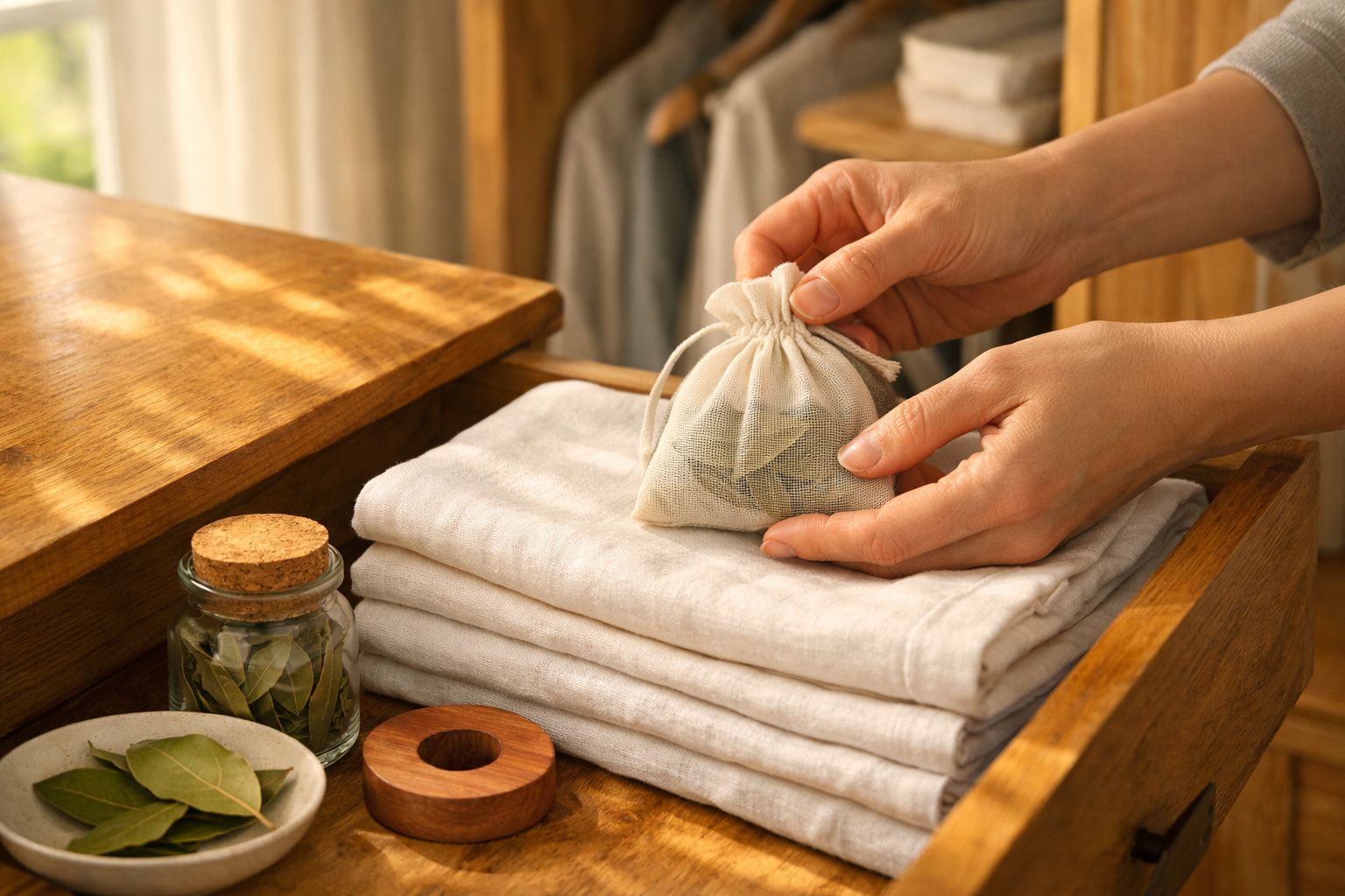 Mãos organizam gaveta com sachê de folhas, escova, frascos de vidro e panos dobrados.