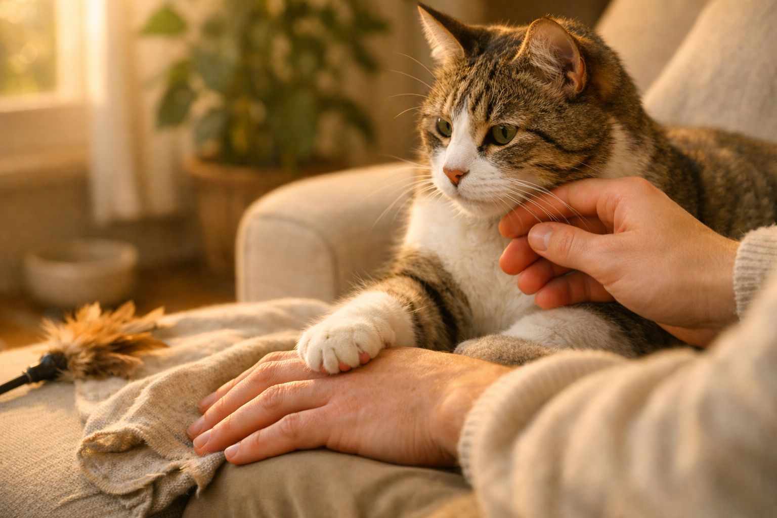 Mulher sentada no sofá, sorrindo, enquanto um gato malhado coloca a pata na sua mão aberta.