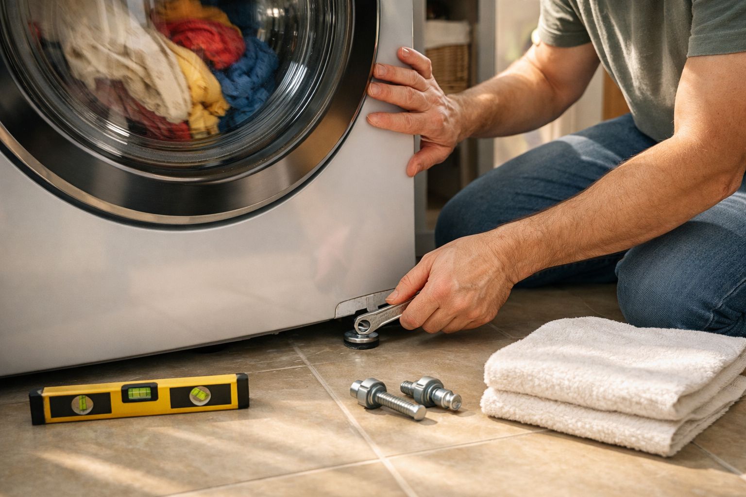 Homem ajusta máquina de lavar roupa no chão, ao lado de manual, nível de bolha e parafusos.