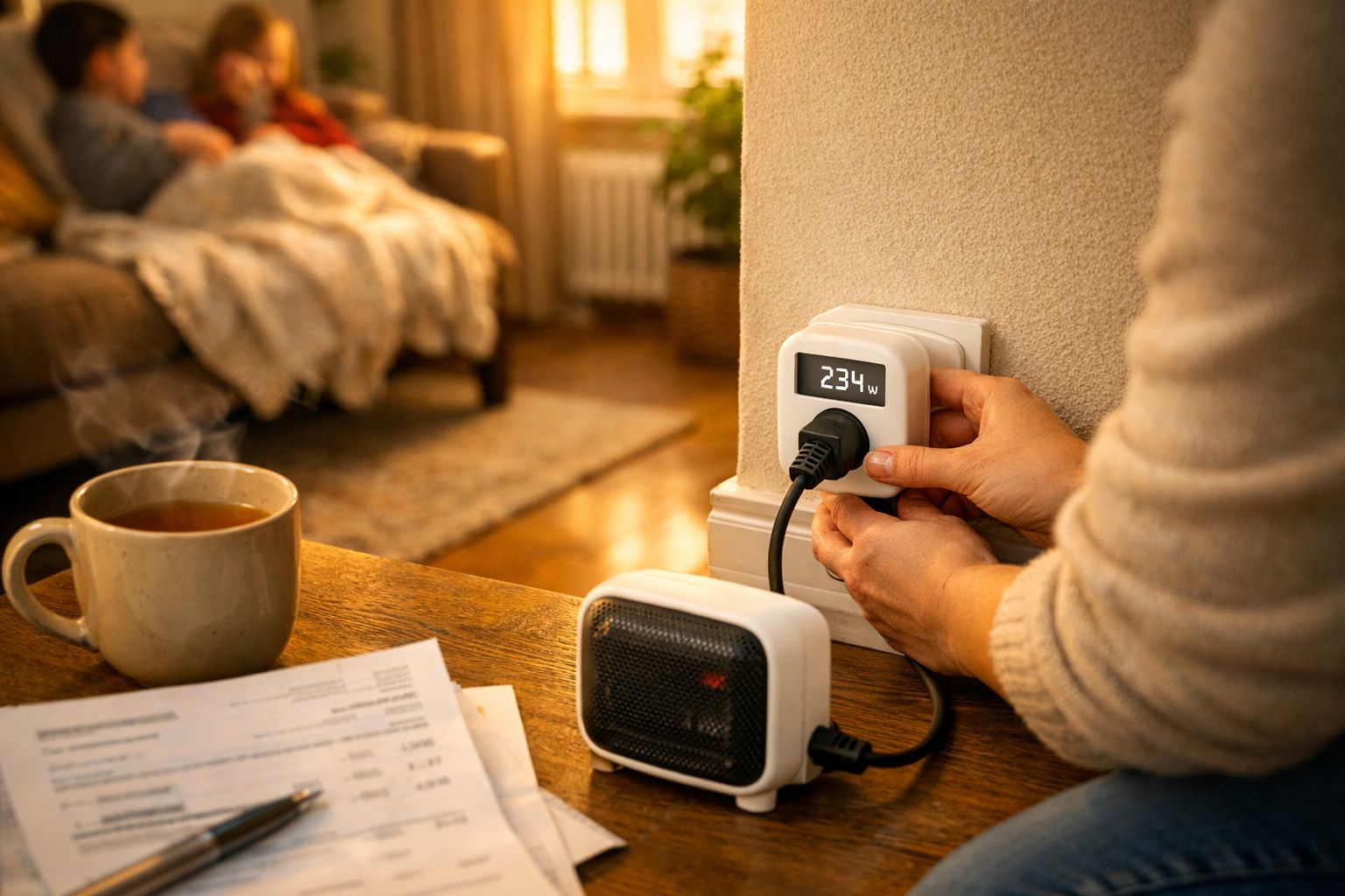 Mulher ajusta termóstato na parede, sorrindo. Na mesa, chávena de chá, contas e calculadora.