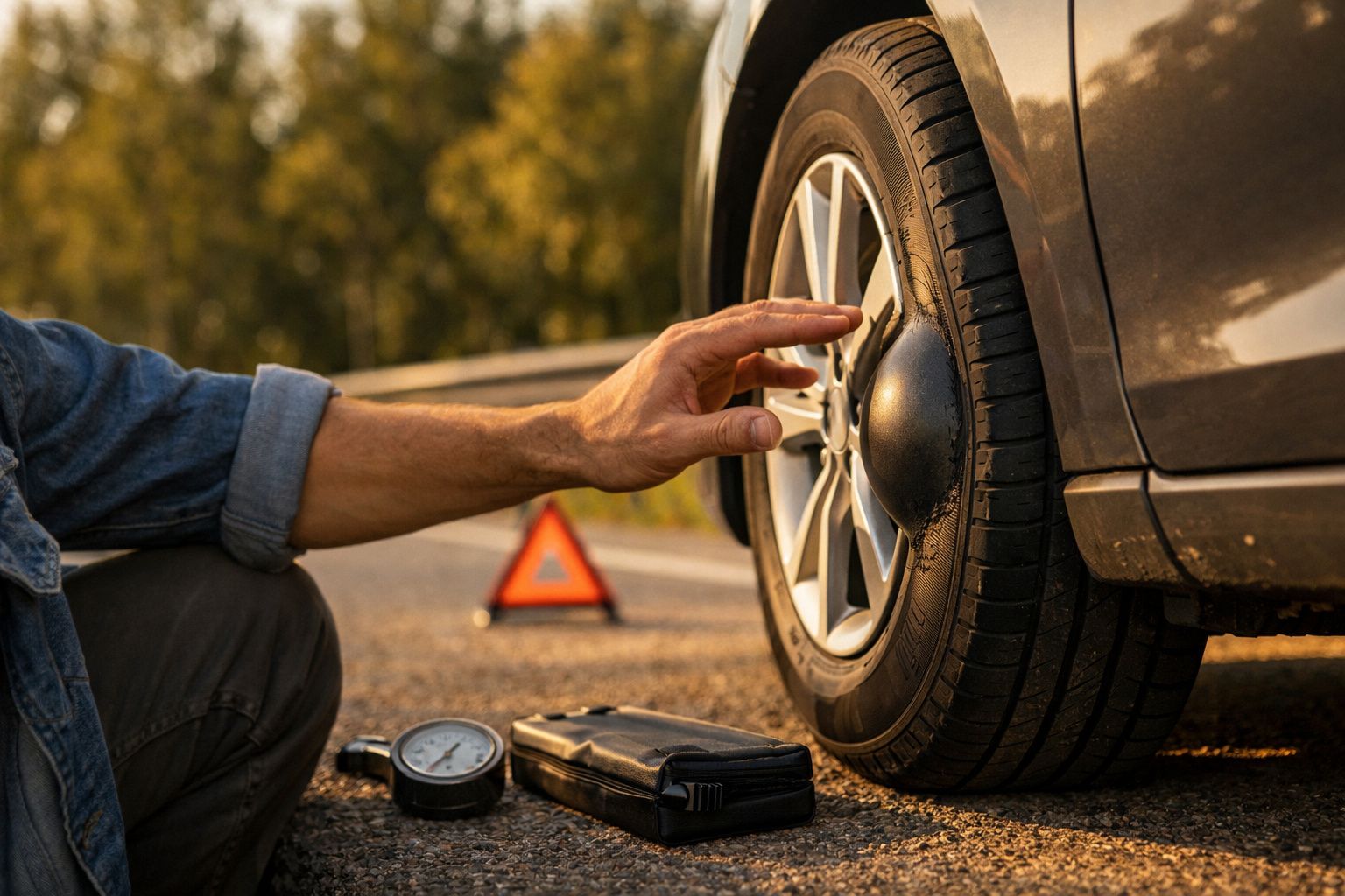 Pessoa verifica pneu danificado de carro com um triângulo de sinalização ao fundo numa estrada.