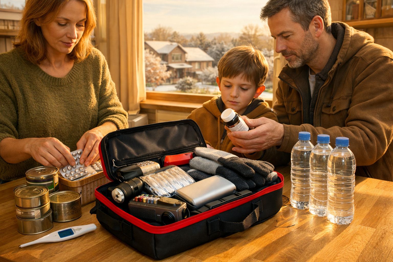 Família prepara kit de emergência com mantimentos, medicamentos e garrafas de água em casa, com cenário de inverno ao fundo.