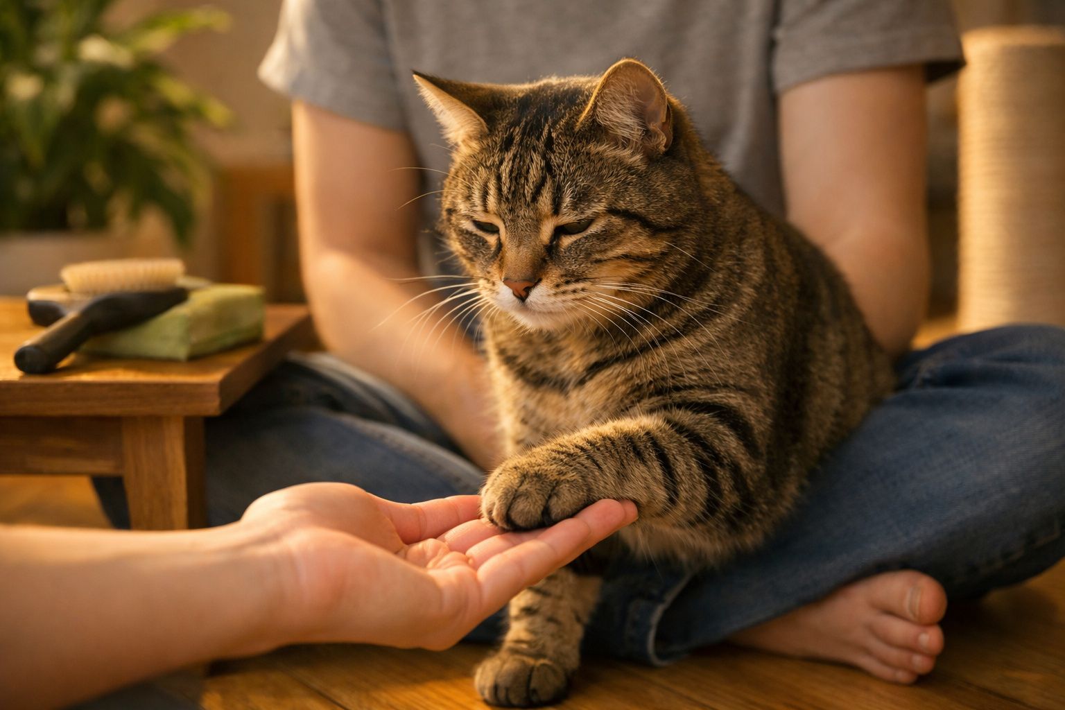 Gato tigrado sentado, dando pata a uma pessoa em ambiente acolhedor.