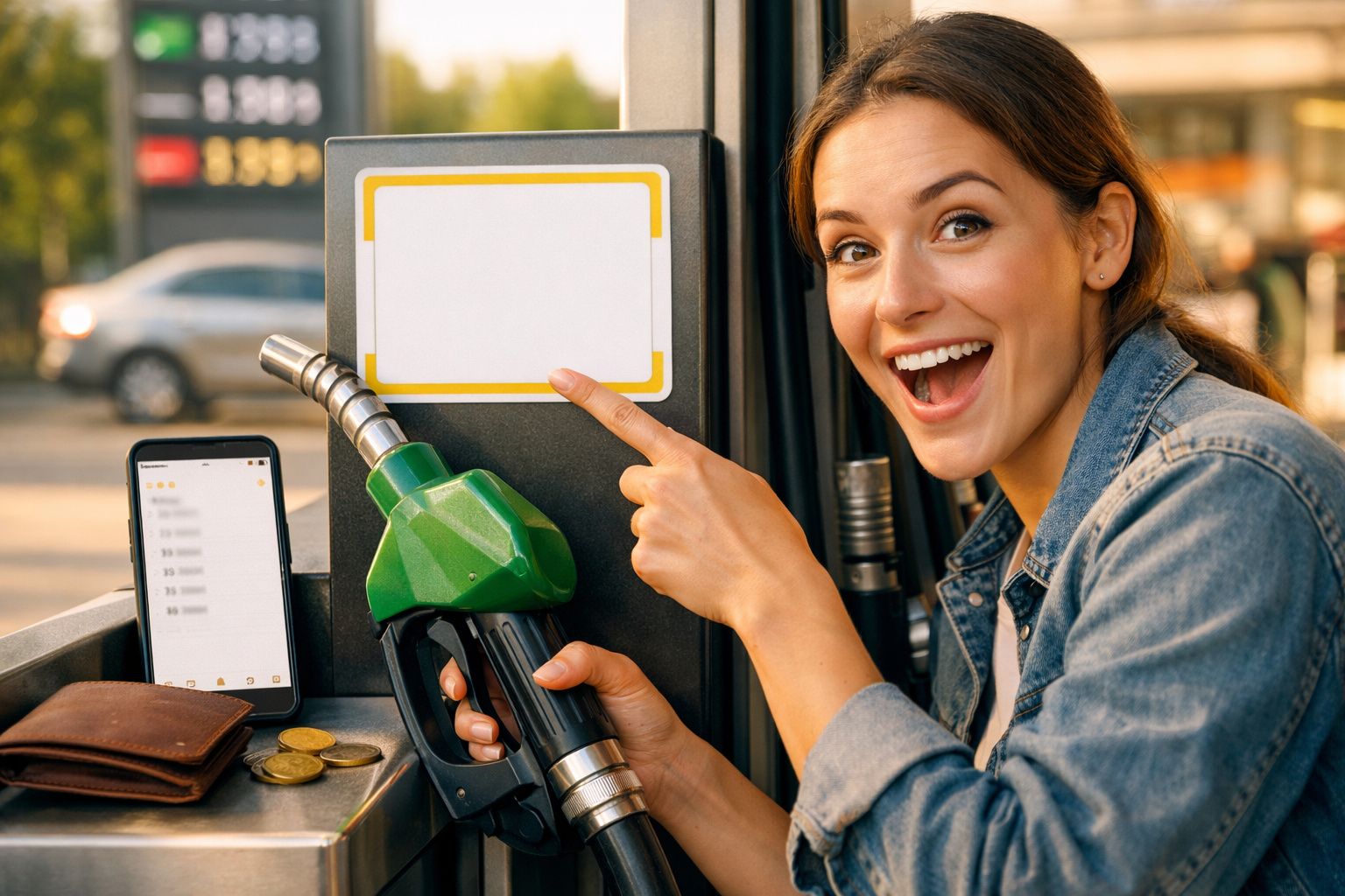 Mulher sorridente aponta para bomba de gasolina, segurando pistola verde. Telemóvel e moedas ao lado.