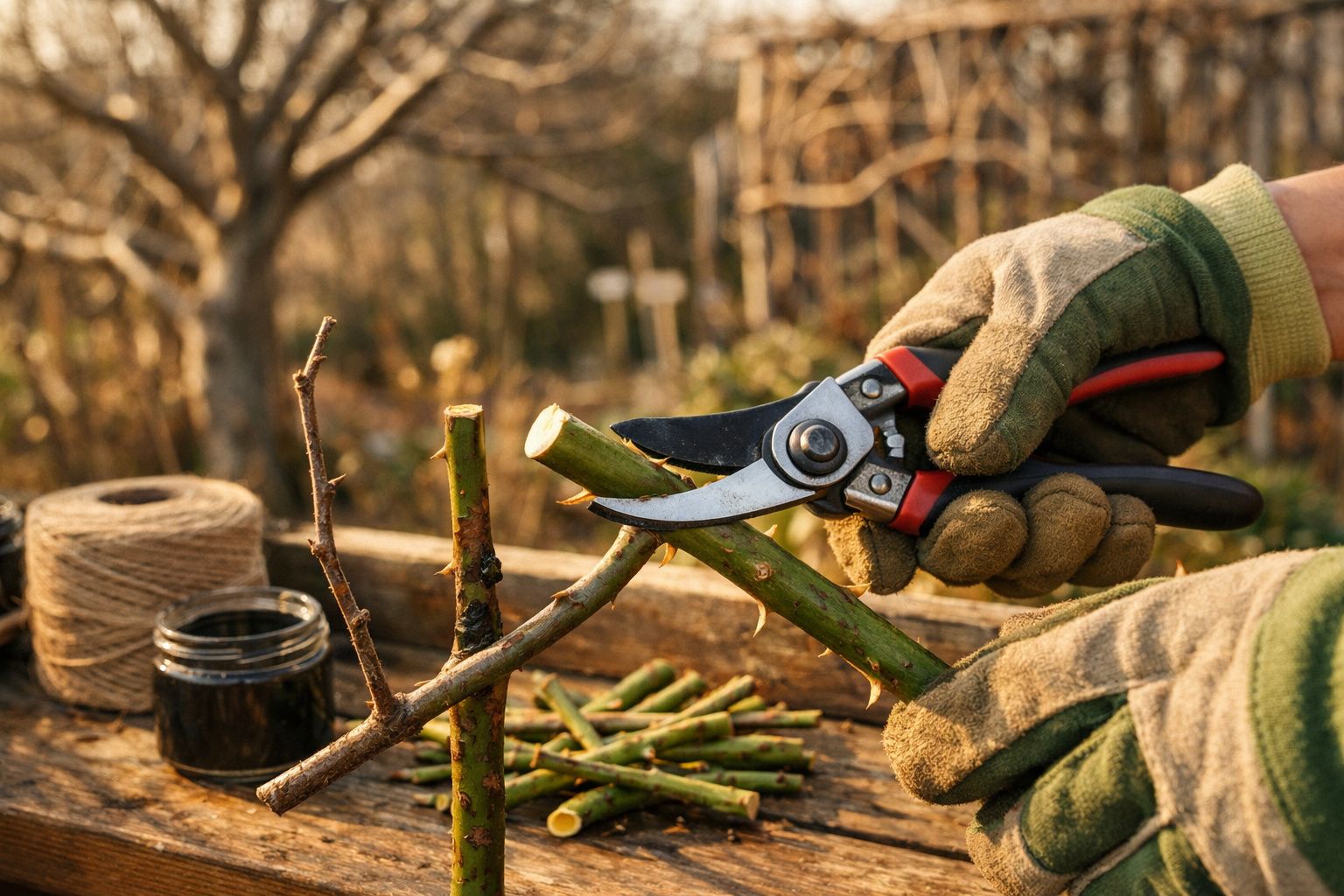 Pessoa com luvas de jardinagem a cortar ramos com uma tesoura de poda.