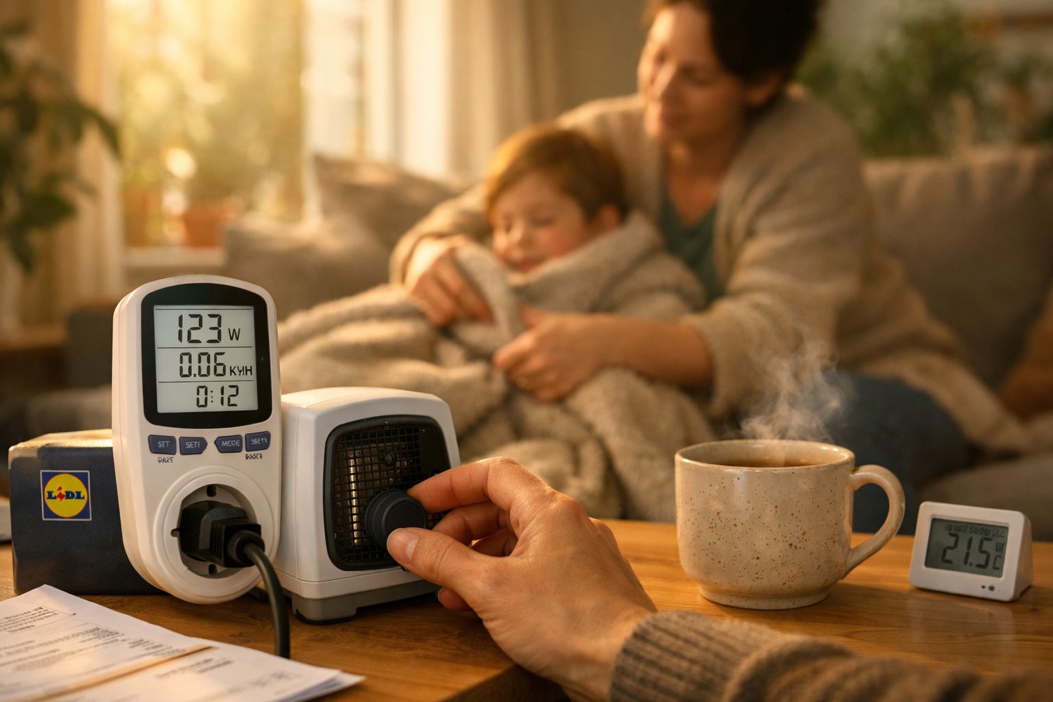 Pessoa toca num dispositivo branco numa mesa, ao lado de uma chávena fumegante e documentos, num ambiente acolhedor.