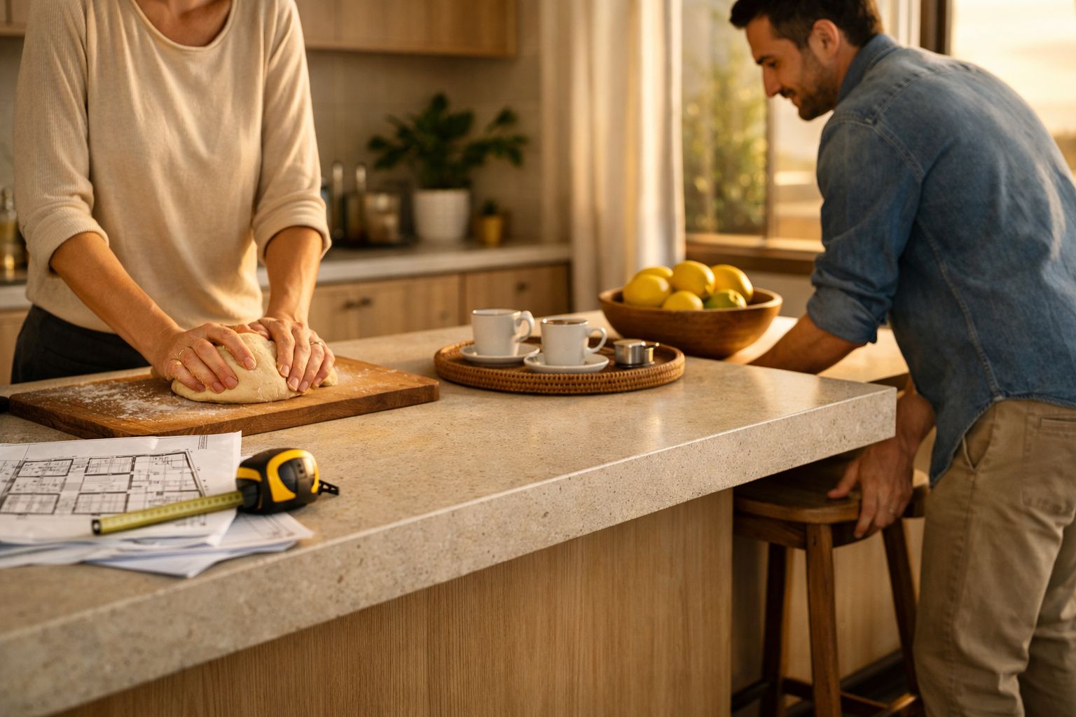 Duas pessoas numa cozinha; uma mede a bancada com fita métrica e a outra segura um tabuleiro com croissants e café.