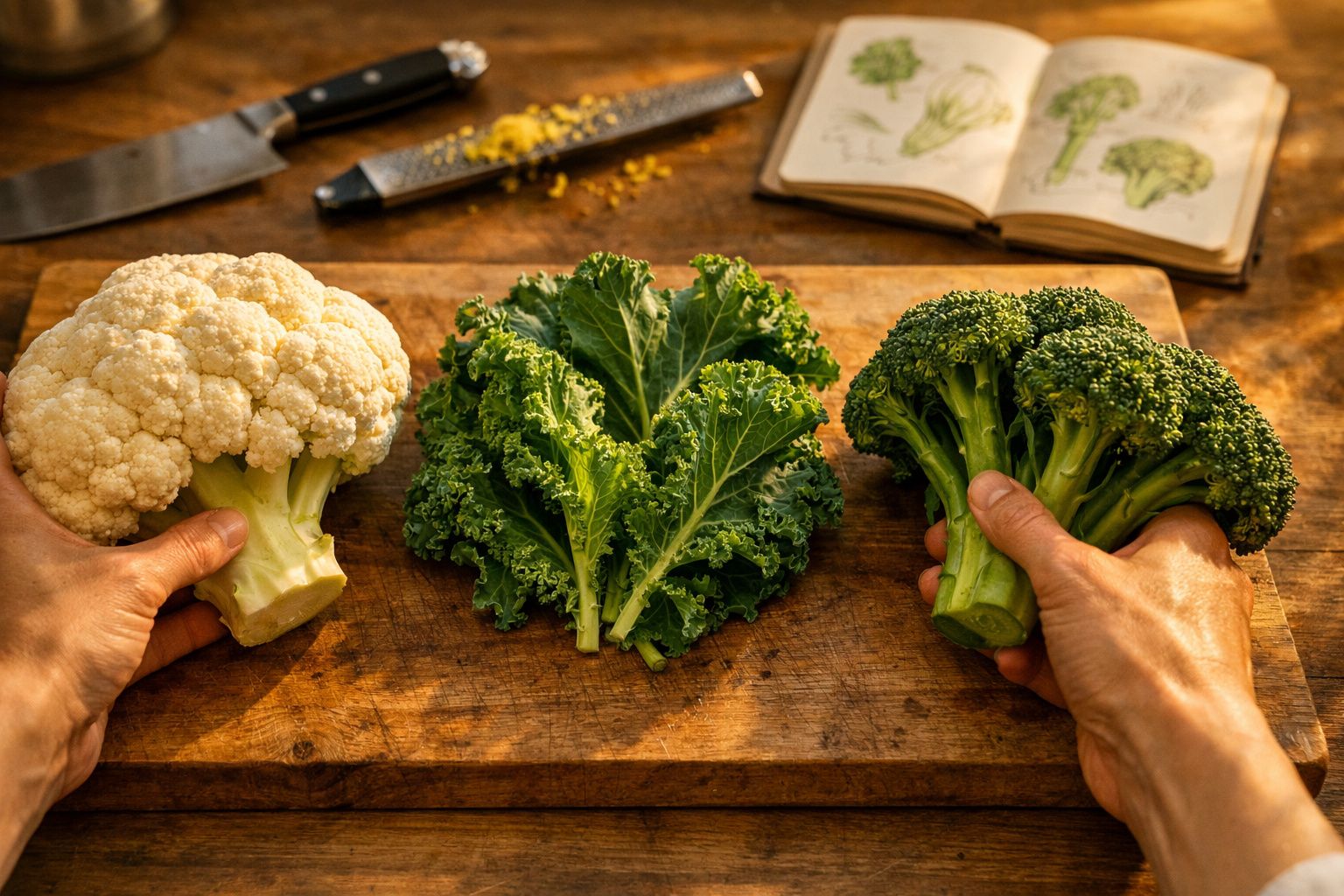 Mãos segurando couve-flor e brócolos em tábua de madeira, com couve ao centro e livro aberto ao fundo.