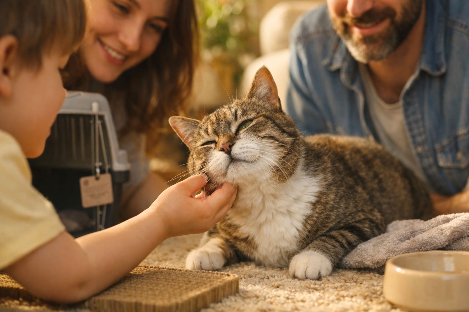 Criança a acariciar um gato feliz deitado no chão, com duas pessoas a sorrir ao fundo.