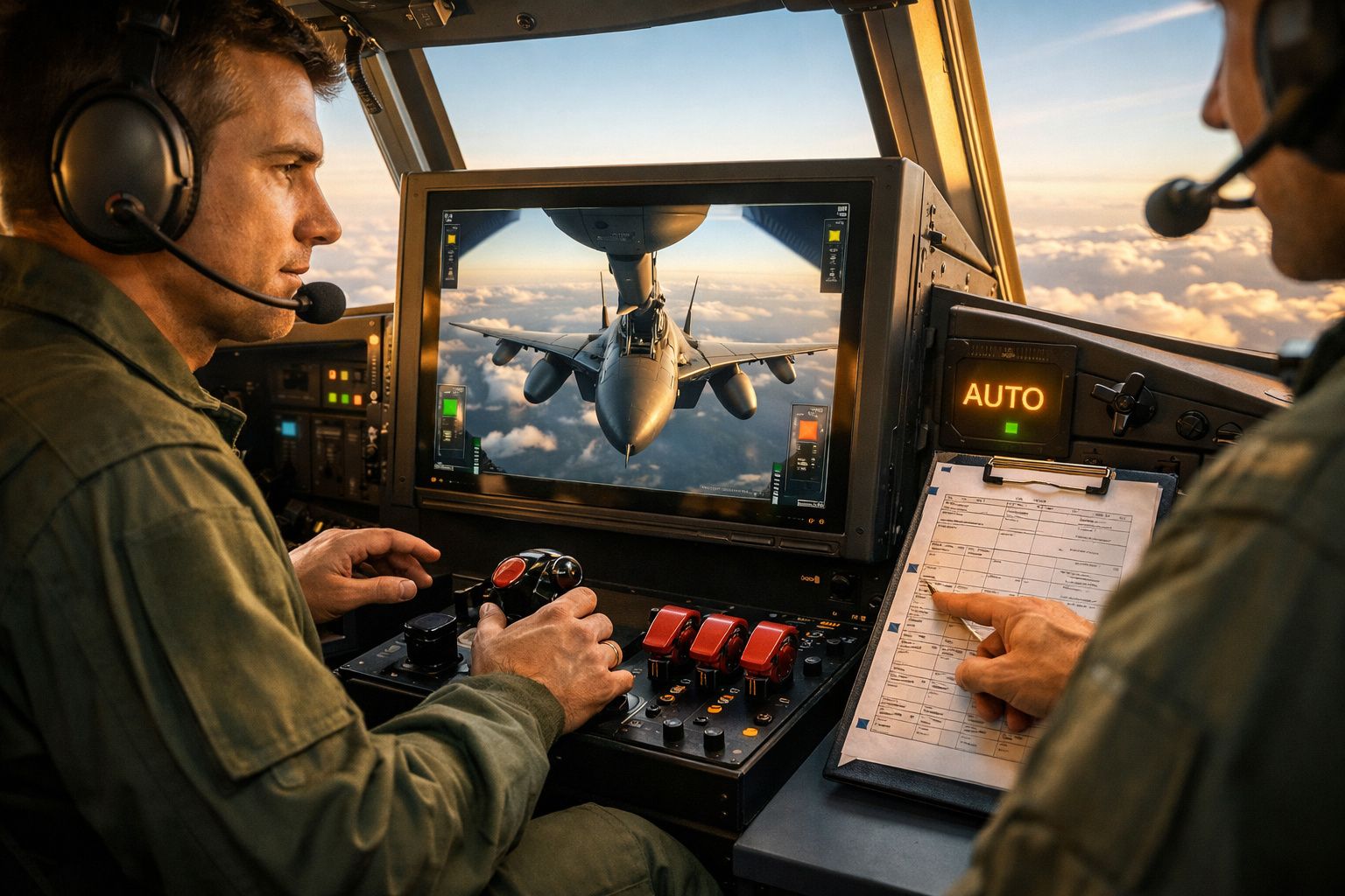 Pilotos num cockpit observam ecrã com avião durante reabastecimento em voo, ao entardecer, sobre nuvens.
