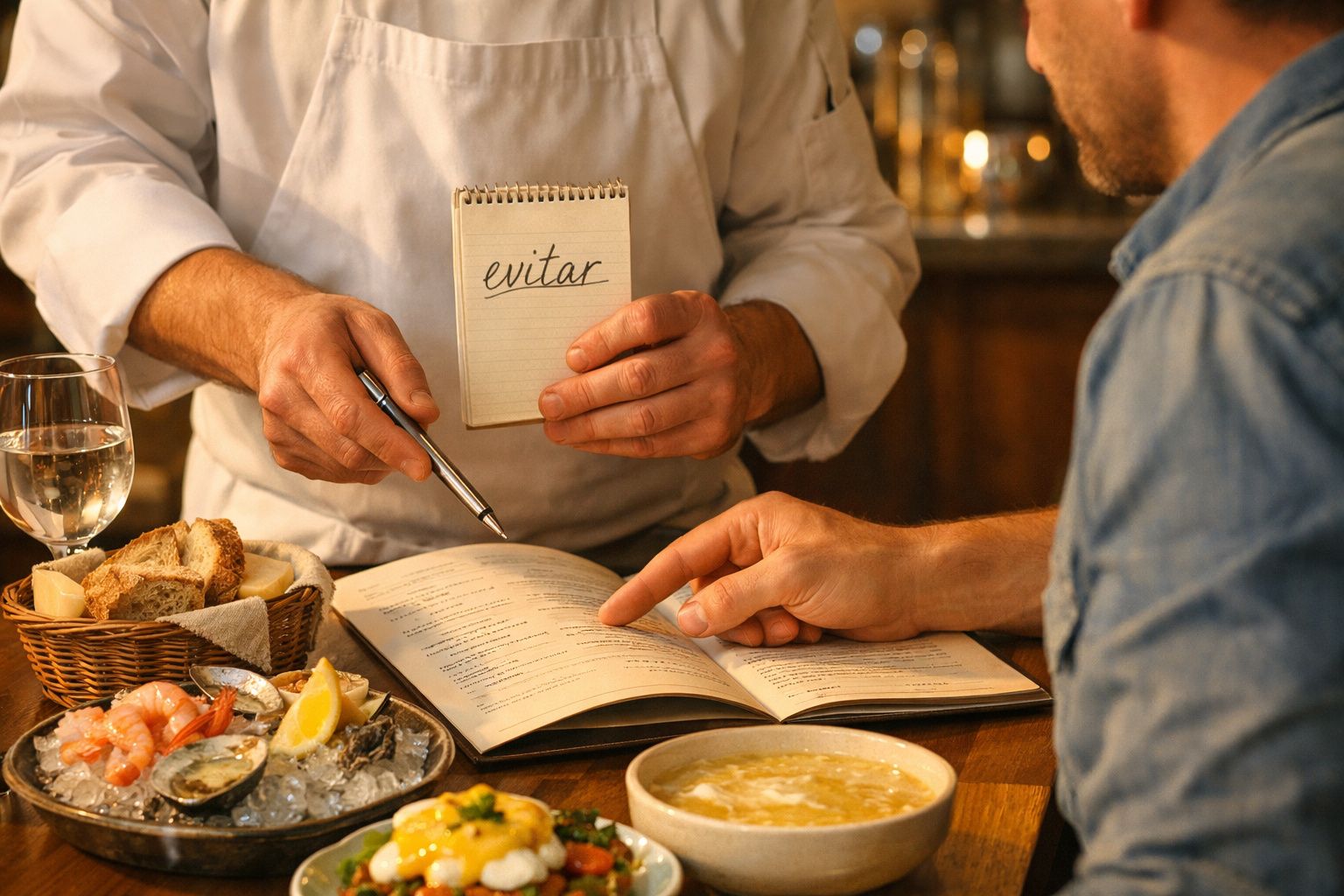 Chef mostra bloco com "evitar" a cliente que aponta menu em restaurante com pratos de marisco e sopa.