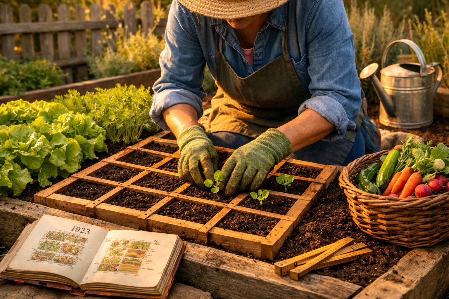 Pessoa a plantar mudas em horta urbana com luvas de jardinagem, cesto de vegetais e regador ao lado.