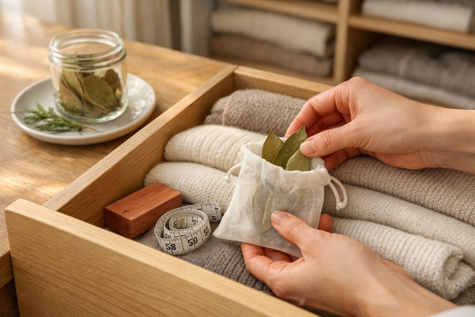 Mãos segurando um saquinho com folhas secas sobre toalhas, perto de um frasco com tampa de madeira e escova.