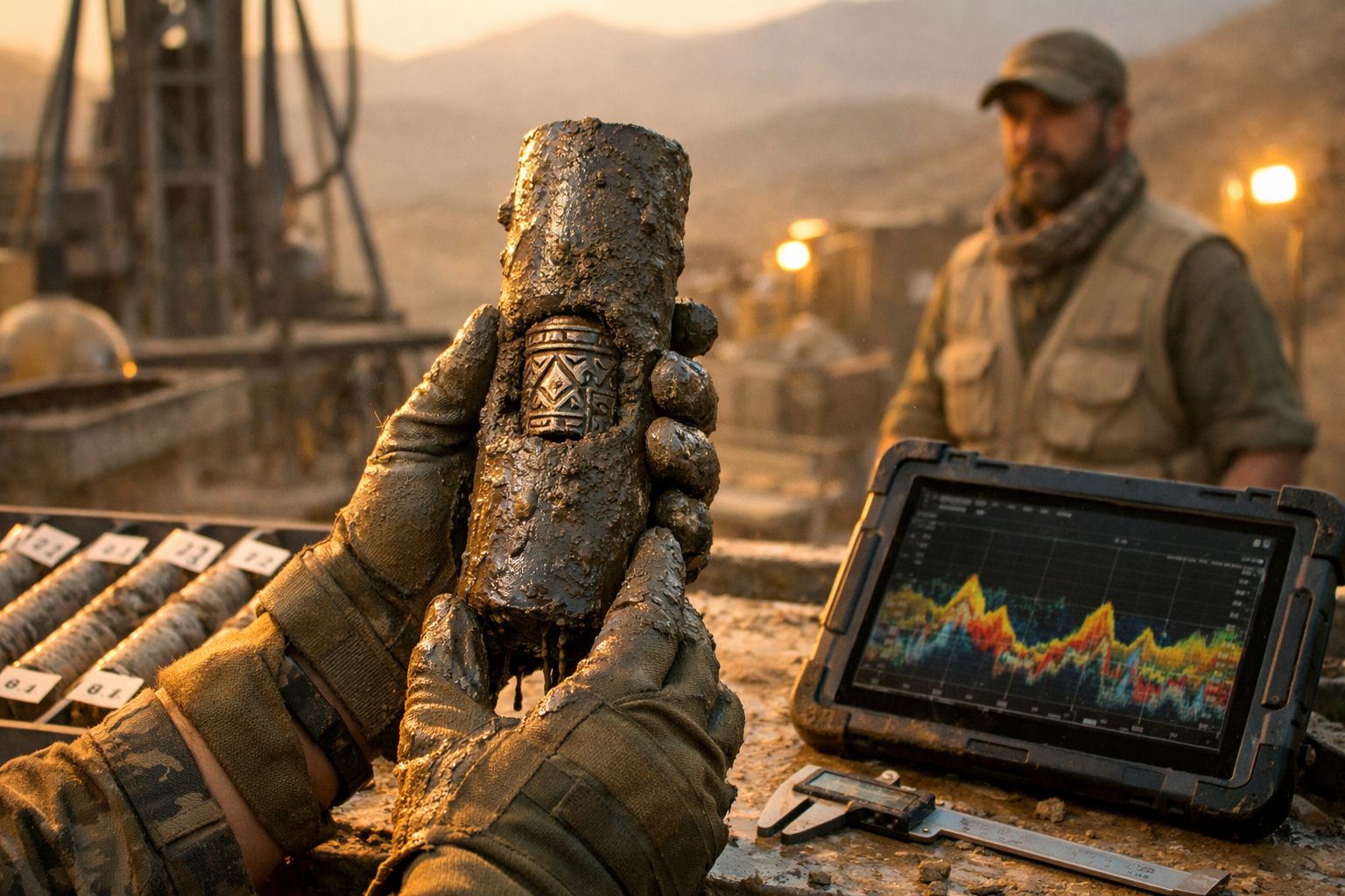 Pessoa segura artefacto antigo na mão, próximo de ecrã com gráficos num cenário de escavação.