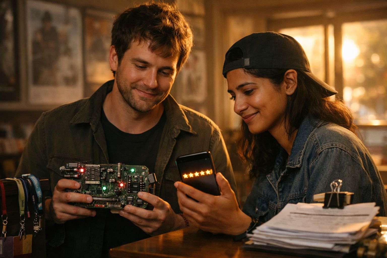 Homem segurando placa de circuito enquanto mulher mostra avaliação de cinco estrelas num smartphone.
